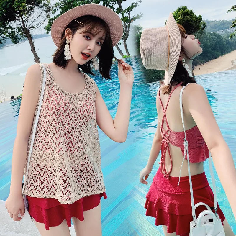 

Bathing Suit Women's Three-piece Set South Korea Graceful Sexy Small Bust Underwire Push up Bikini Skirt Split Type Swimwear