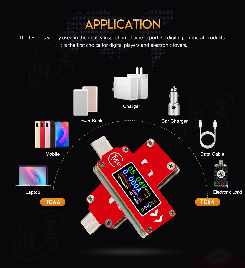 TC64 тип-c цветной ЖК-дисплей USB Вольтметр Амперметр Напряжение измеритель тока мультиметр батарея PD зарядка USB Тестер