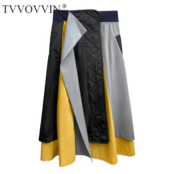 

TVVOVVIN Color Women Matching Skirt Long Skirt Elastic Waisted Loose Asymmetrical Skirts Patchwork Irregular Autumn Skirts TATT