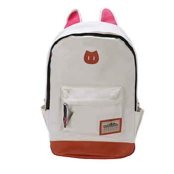 

Canvas Backpack For Women Girls Satchel School Bags Cute Rucksack School Backpack children Cat Ear Cartoon Women Bags Beige
