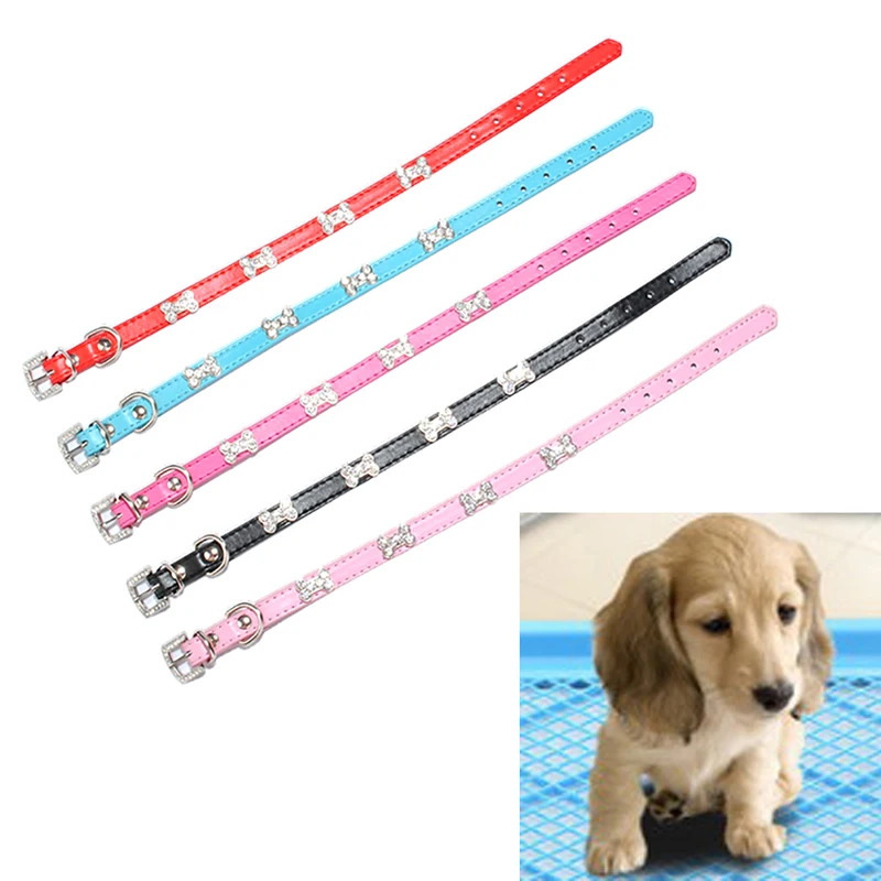 Rhinestone Bones Pet Collar PU Leather Bling Dog Cat Pet Supplies Size XS/S/M/L Adjustable Collar Charm 5 Colors