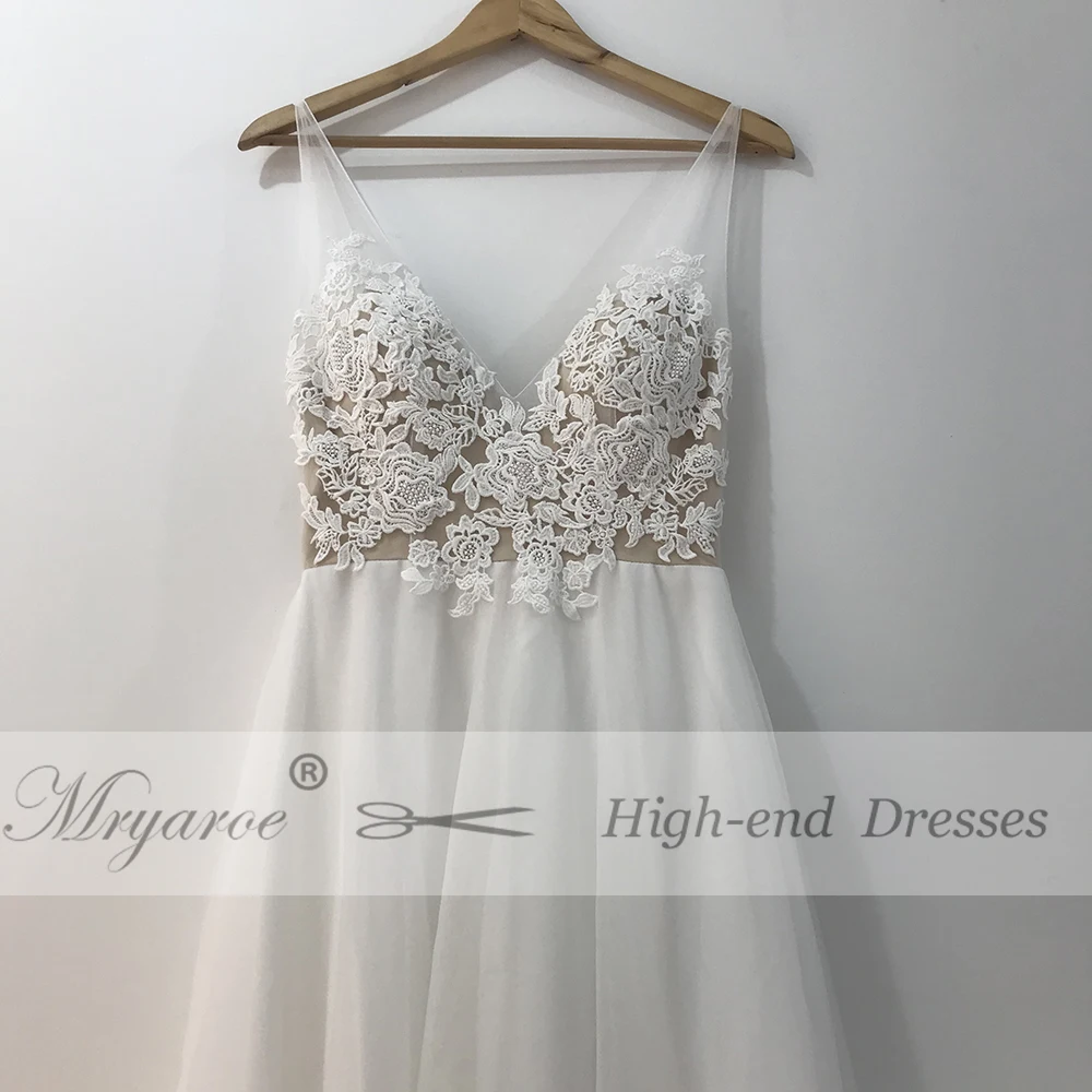 Mryarce New Arrival Simply Elegant Wedding Dress V Neck Lace Appliqued OPen Back Tulle A Line Birdal Gowns (1)