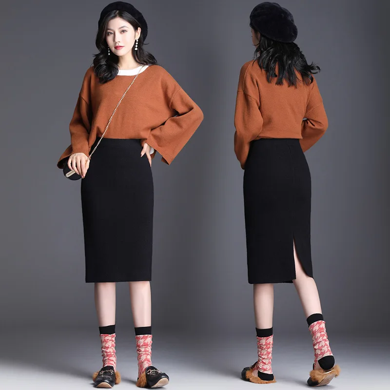 

Knitted Skirt 2019 New Style Korean-style in the Long Version of the Slit One-step Skirt Elasticity High-waisted Skirt Wool Skir