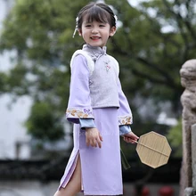 Костюм в древнем китайском стиле; традиционный костюм ханфу; платье для маленьких девочек; сценический костюм; теплый жилет с цветочной вышивкой; Cheongsam