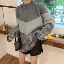 Winter Sweater Women's Plaid Stitching Half Turtleneck Sweater 2020 Spring Fashion Female Sweater