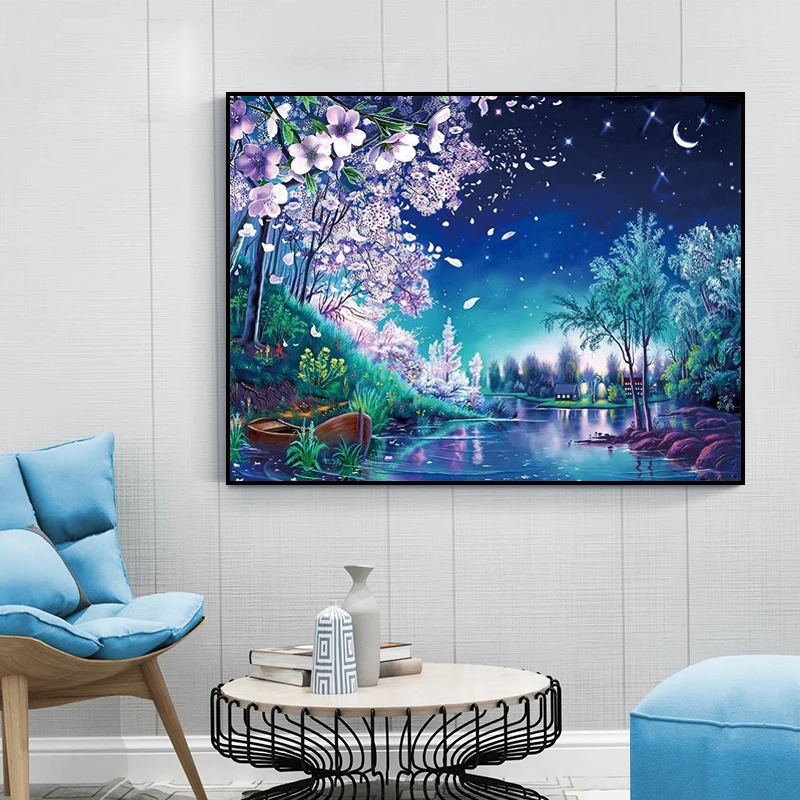 Landscape Series 11CT 9CT Chinese Cross Stitch DMC Cherry blossom starry sky Handmade Sewing Canvas Embroidery Home Decor