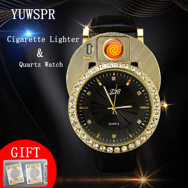 

Cigarette Lighter Watch Men quartz Watches USB Charging Luxury diamond dial Casual Wristwatches Windproof Lighter clock JH391-2