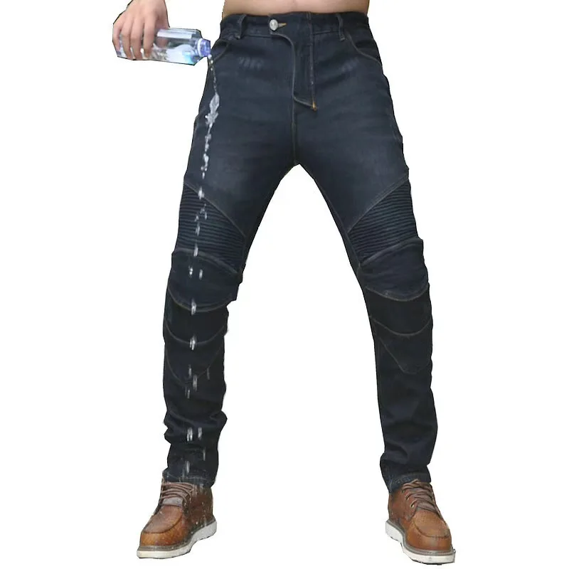 Мужские мотоциклетные стильные флисовые теплые зимние джинсы для верховой езды, байкерские облегающие повседневные штаны с протектором, супероблегающие водонепроницаемые - Цвет: Black fleece WP