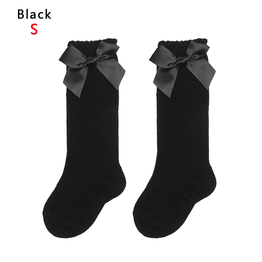 1 пара новых модных милых носков для маленьких девочек длинные кружевные Гольфы с большим бантом мягкие однотонные хлопковые детские носки - Цвет: Black S