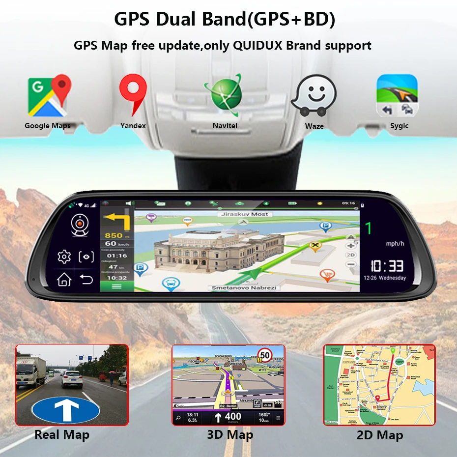 QUIDUX 4 г ADAS Автомобильный dvr камера 1" Android 8,1 поток медиа зеркало заднего вида FHD 1080 P Wi Fi для панели, GPS Cam Регистратор Видео регистраторы