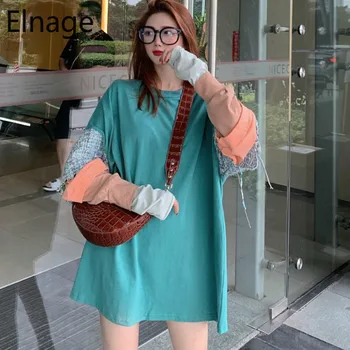 

Elnage Spring Autumn Long Sleeve T-shirt Korean Loose Casual Splicing Fake Two Piece Tops Patchwork Cotton Tees Clothing 5A343