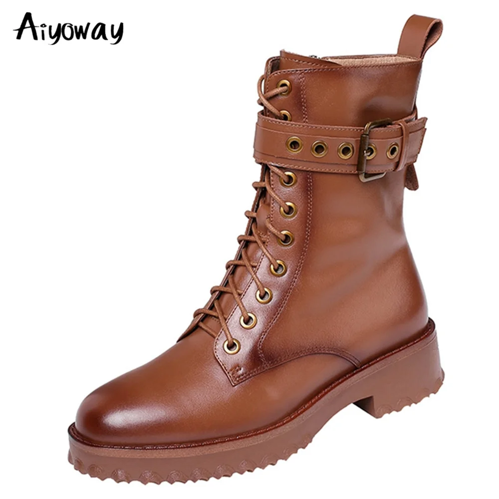 

Motorcycle Winter Ankle Boots Cow Leather Platform Buckle Zipper Fashion Women Shoes Square Heel Round Toe Size 34-42 Aiyoway