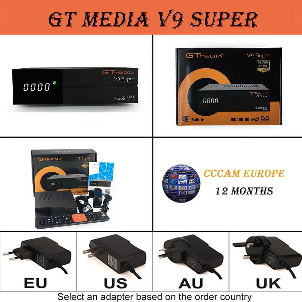 GTMEDIA V9 Super64M бит серийная вспышка цифровой спутниковый ТВ приемник DC12V/1.5A поддержка Subtitle 1 год Европейская cccam - Цвет: Sr-V9Super-12M