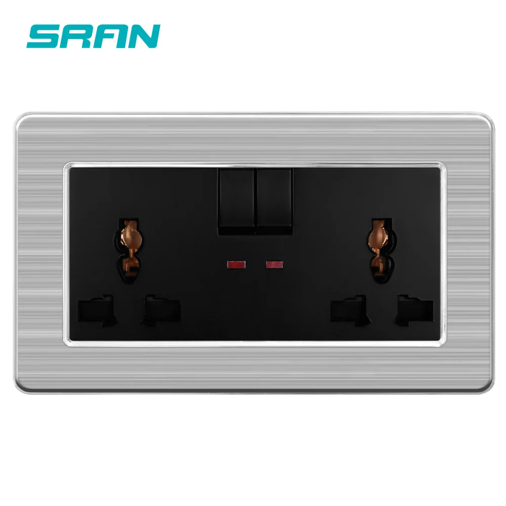 SRAN-enchufe universal de tres agujeros para hogar/hotel, indicador LED, panel de acero inoxidable, 146mm x 86mm