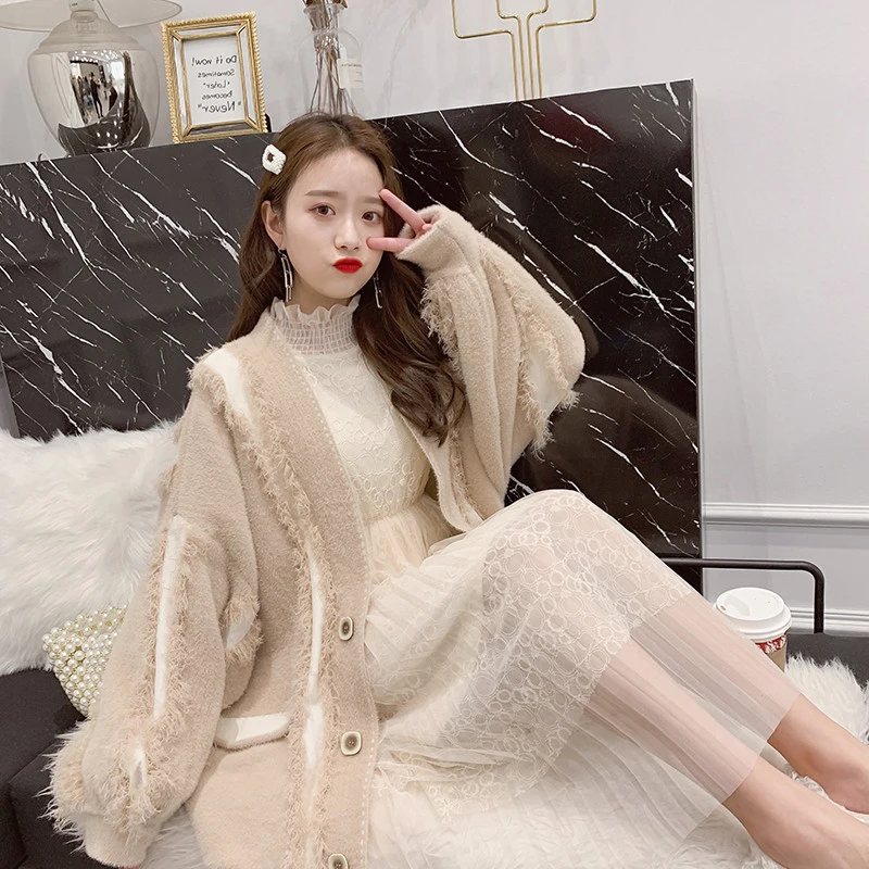 buy  [EAM] Loose Fit Loose Big Size Knitting Jacket New Lapel Long Lantern Sleeve Women Coat Fashion Tid