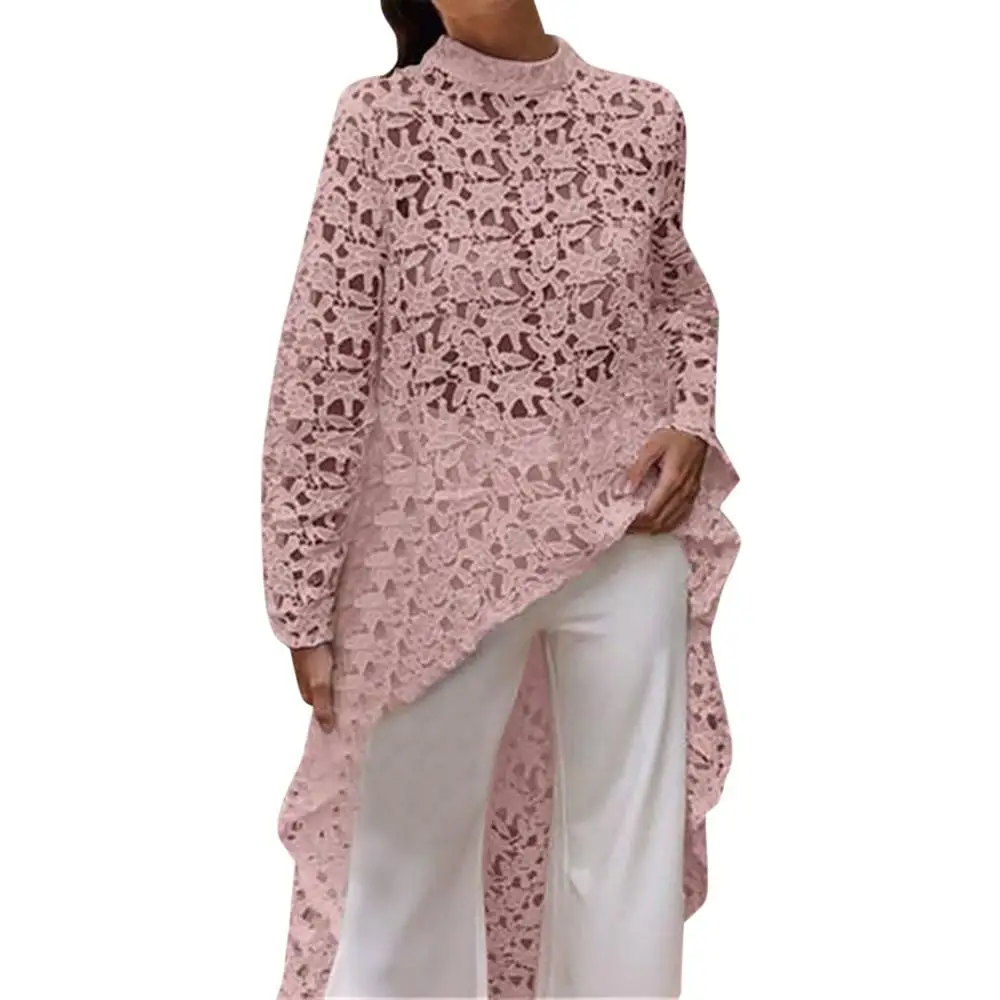 Осенние женские открытые рубашки с длинным рукавом кружевная необычная блузка модные повседневные сексуальные свободные элегантные длинные рубашки blusa mujer# 15F - Цвет: Розовый