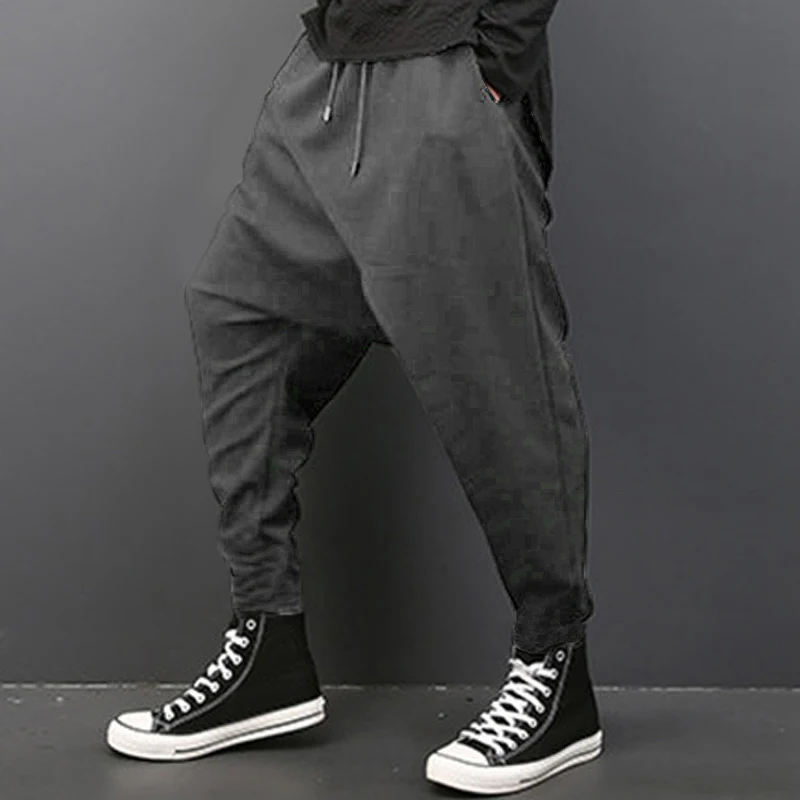 Мужские брюки в стиле хип-хоп, Hombre, свободные штаны с драпировкой, эластичная резинка на талии, заниженная промежность, брюки, винтажные модные дамские брюки с Кулиской для танцев - Цвет: Темно-серый