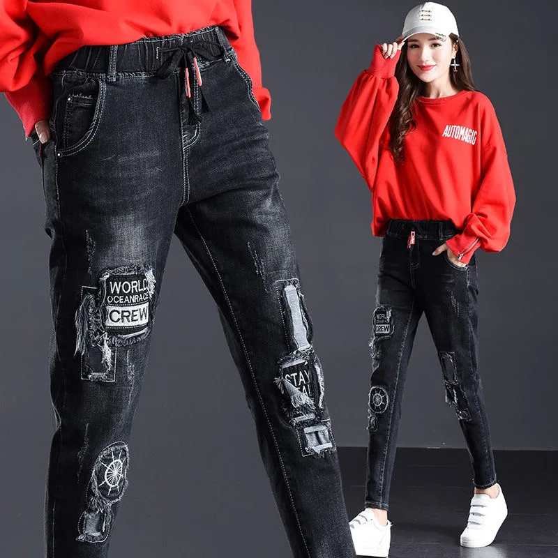 

Boyfriend Ripped Jeans For Women Skinny Streetwear femme Denim Pencil Pants casual black ladyStretch jeans pants