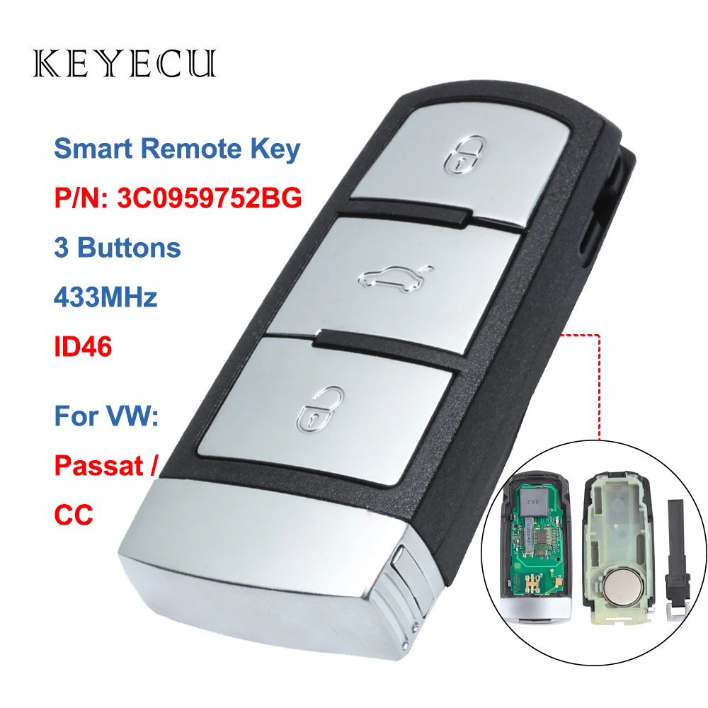KEYECU 3C0 959 752 BG SMART REMOTE CAR KEY FOB 3 BUTTONS 433MHZ PCF7936 ID46 FOR VW VOLKSWAGEN PASSAT CC 2005-2014 3C0959752BG