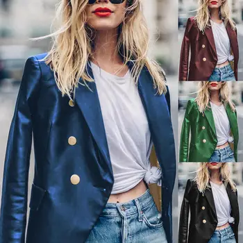 

Women Autumn Solid Color Faux Leather Double-breasted Lapel Blazer Jacket Suit pull femme nouveaute 2019