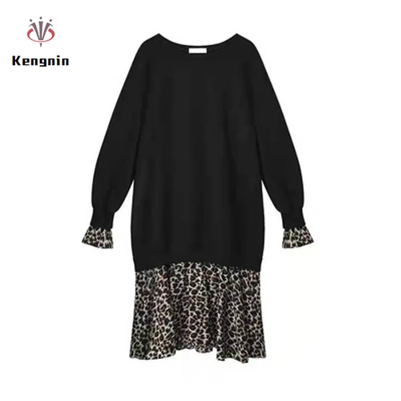 

2019 New Autumn Winter Women Dress Loose Fake Two Piece Vestidos Pachwork Leopard Hoodies Female Robe Plus Size 4XL Brand Dress