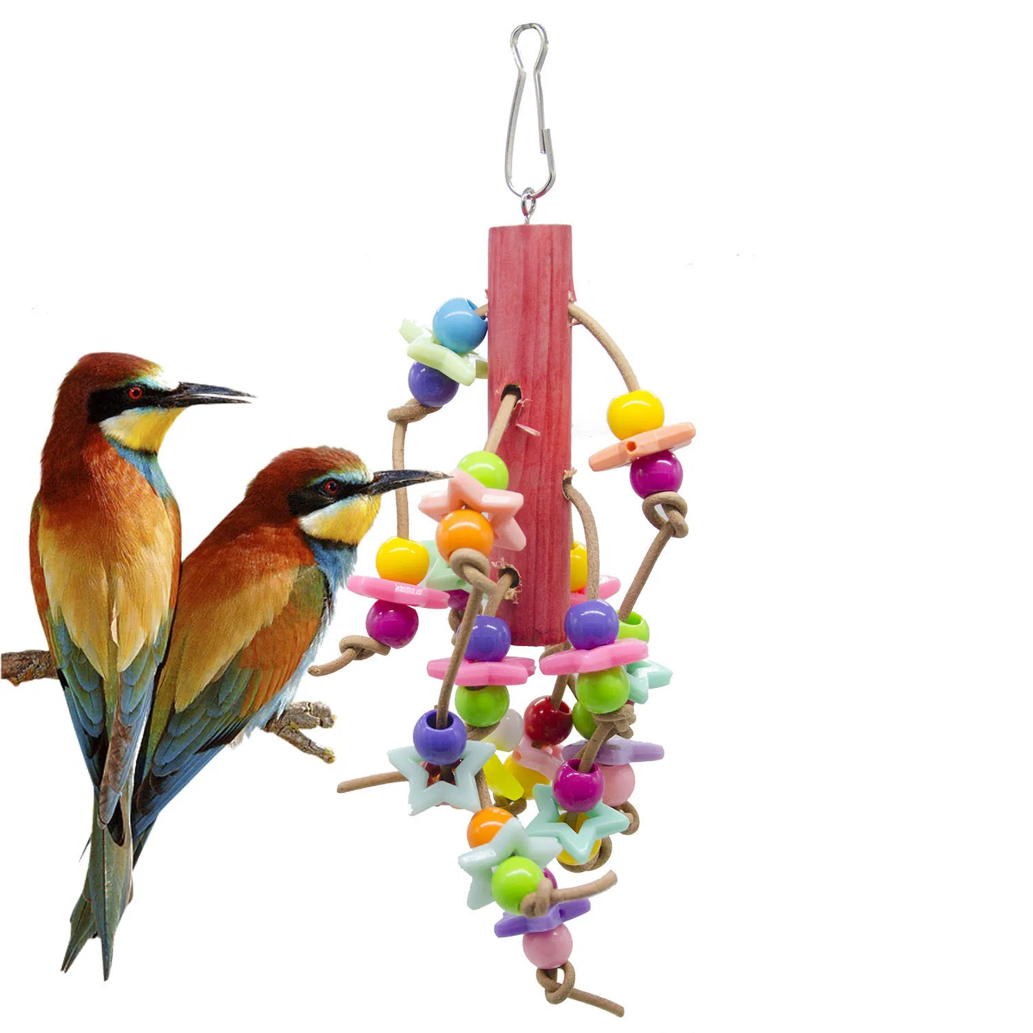 1PCS Parrot Toy Bird Toy Cowhide Rope Colored Wooden Stick Five-pointed Star Acrylic Nibble String Four Colored Beads