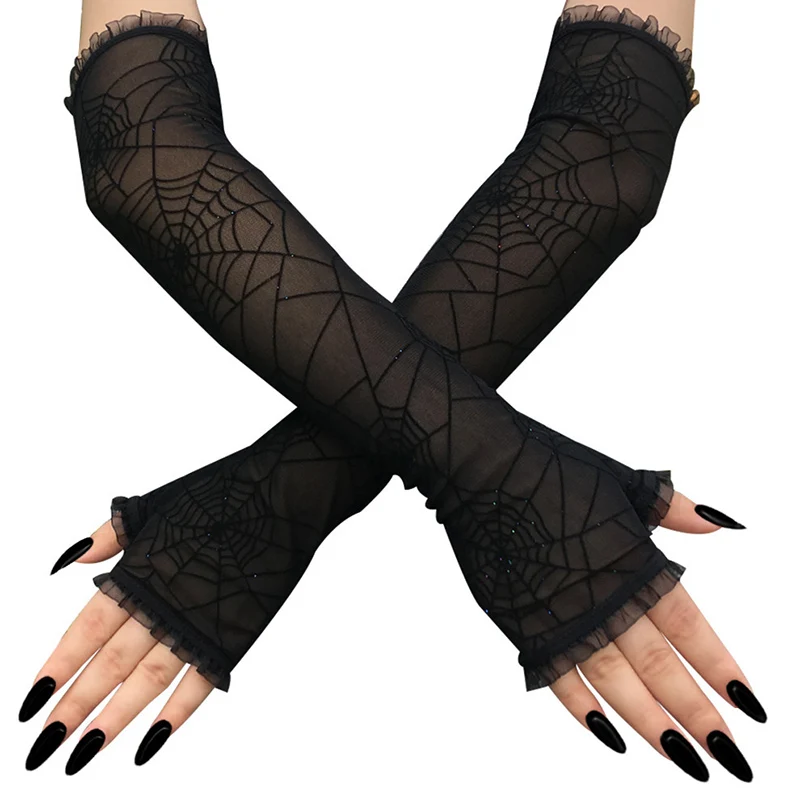 

Black Gloves Sun Anti-UV Women Gloves Fashion Sexy Half Finger Mesh Gloves Spider Web Pattern Cosplay Performance Gloves