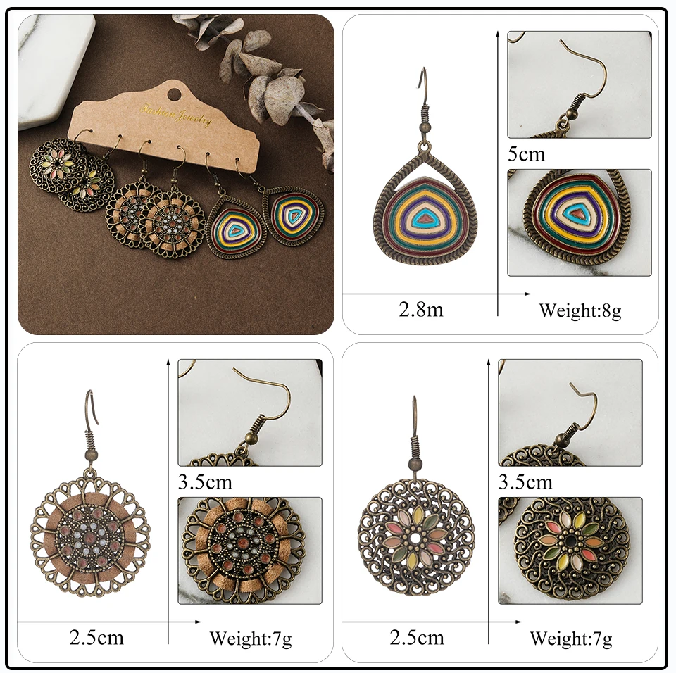 Bohemia Geometric Bronze Brown Earrings Sets Vintage Long Natural Wooden Stones Fringe Tassel Earrings for Women Girls Jewelry Set Wholesale Dropshipping (17)