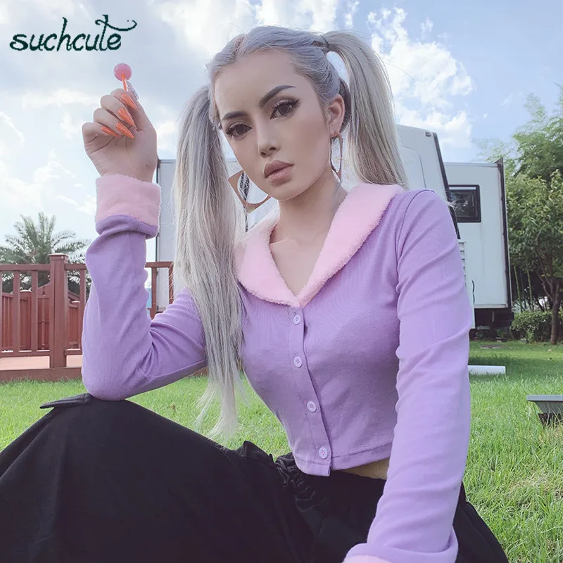 SUCHCUTE Longslive верхняя одежда женские пальто тонкие Harajuku корейский стиль повседневные пуговицы осень манто Femme пушистая женская одежда