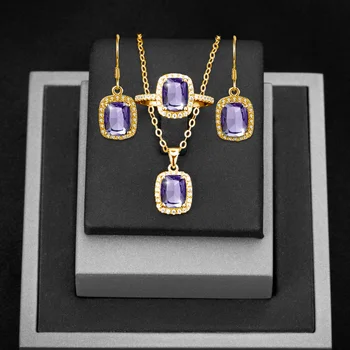 

Gold Jewelry Set For Women Vintage Sparkling Amethyst With Zircon Rings Drop Earrings Pendant Set Wedding Party Luxury Jewelry