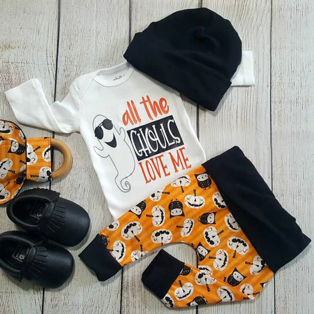 

Halloween Baby Girl Boy Clothes Cartoon Letter Print Romper+Pumpkin Pants+Hat Infant Newborn Clothing Set 3pcs Outfits 0-24M