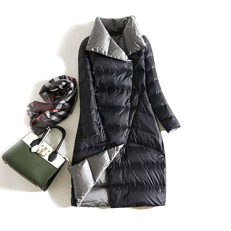 Женский Двусторонний пуховик, длинная куртка, зимняя водолазка, белый пуховик на утином пуху, двубортные теплые парки, зимняя верхняя одежда, двусторонняя - Цвет: Black