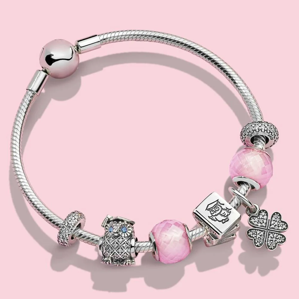 

100% 925 Sterling Silver Encanto Four -leaf Study Book Clove Lucky Symbol In Love Hanging Charm Graduate Korea Joint Bracelet