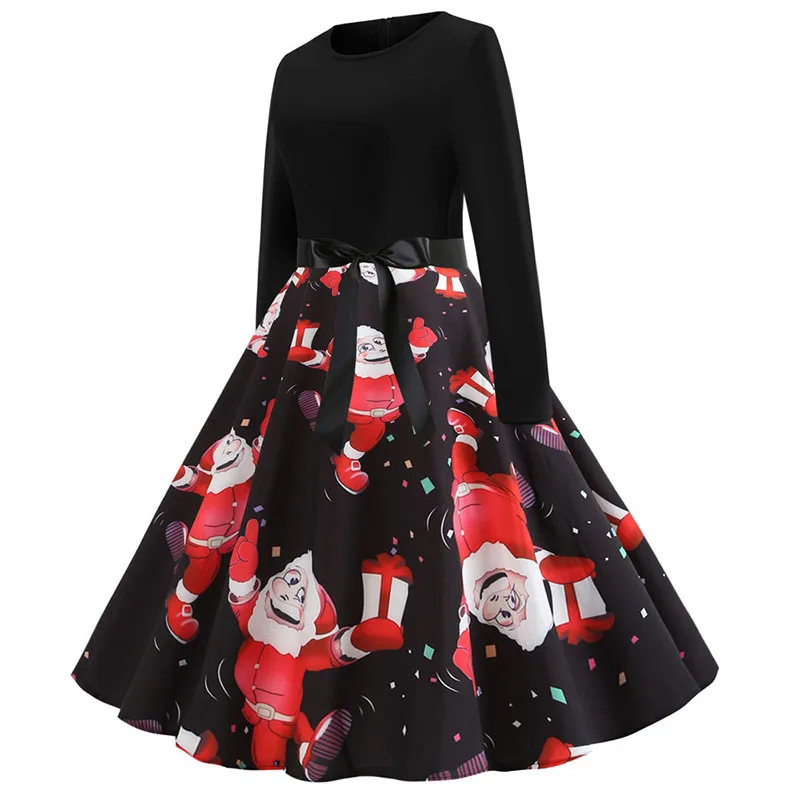 Модные женские туфли с длинным рукавом рождественское платье осень-зима элегантные Винтаж и черного цветов в стиле «пэчворк» с принтом вечерние платье размера плюс