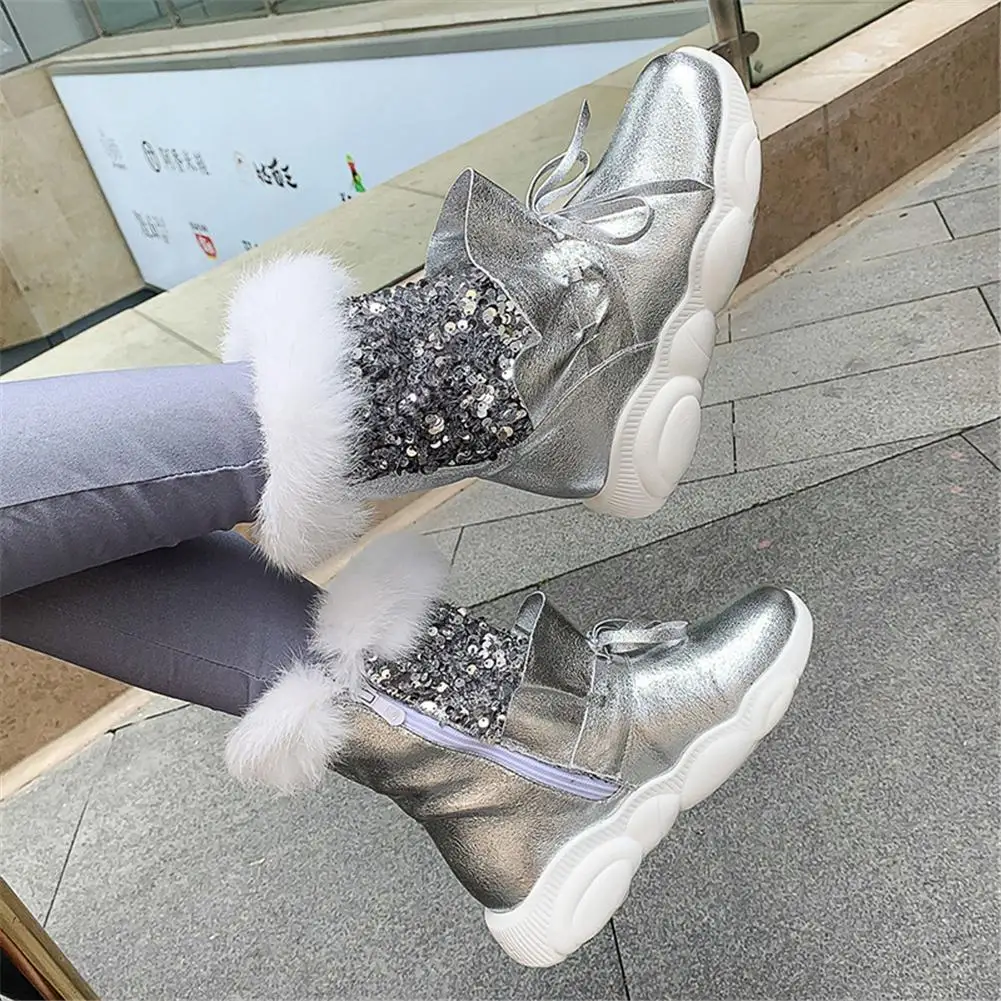 DORATASIA/женские модные Блестящие ботильоны на платформе серебристого цвета; коллекция года; зимняя теплая женская обувь на меху; Размеры 29-46