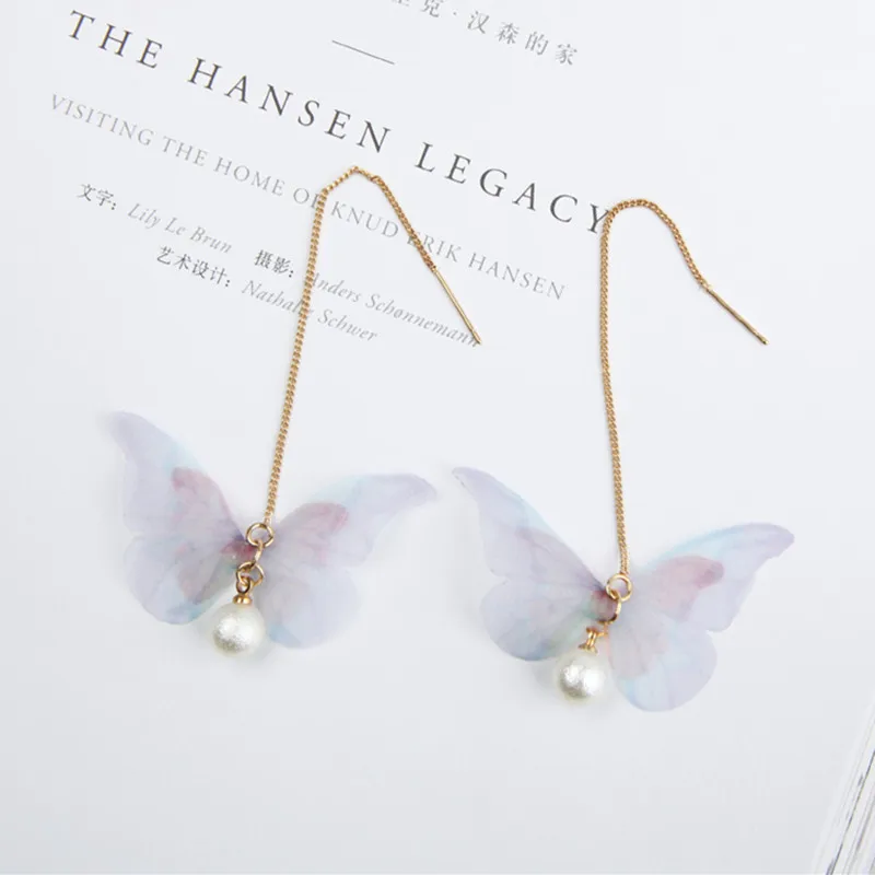 Корейские Ретро Асимметричные Серьги-бабочки с искусственным жемчугом, модные круглые серьги с цветами, длинные массивные серьги с крыльями, ювелирные изделия - Окраска металла: Pearl-Butterfly