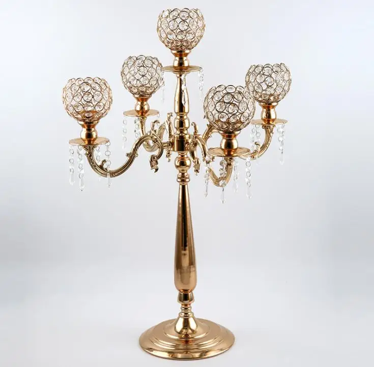 웨딩 장식 센터 피스 sn1902에 대 한 유럽 우아한 새 높이 5 팔 웨딩 골드 크리스탈 candelabra