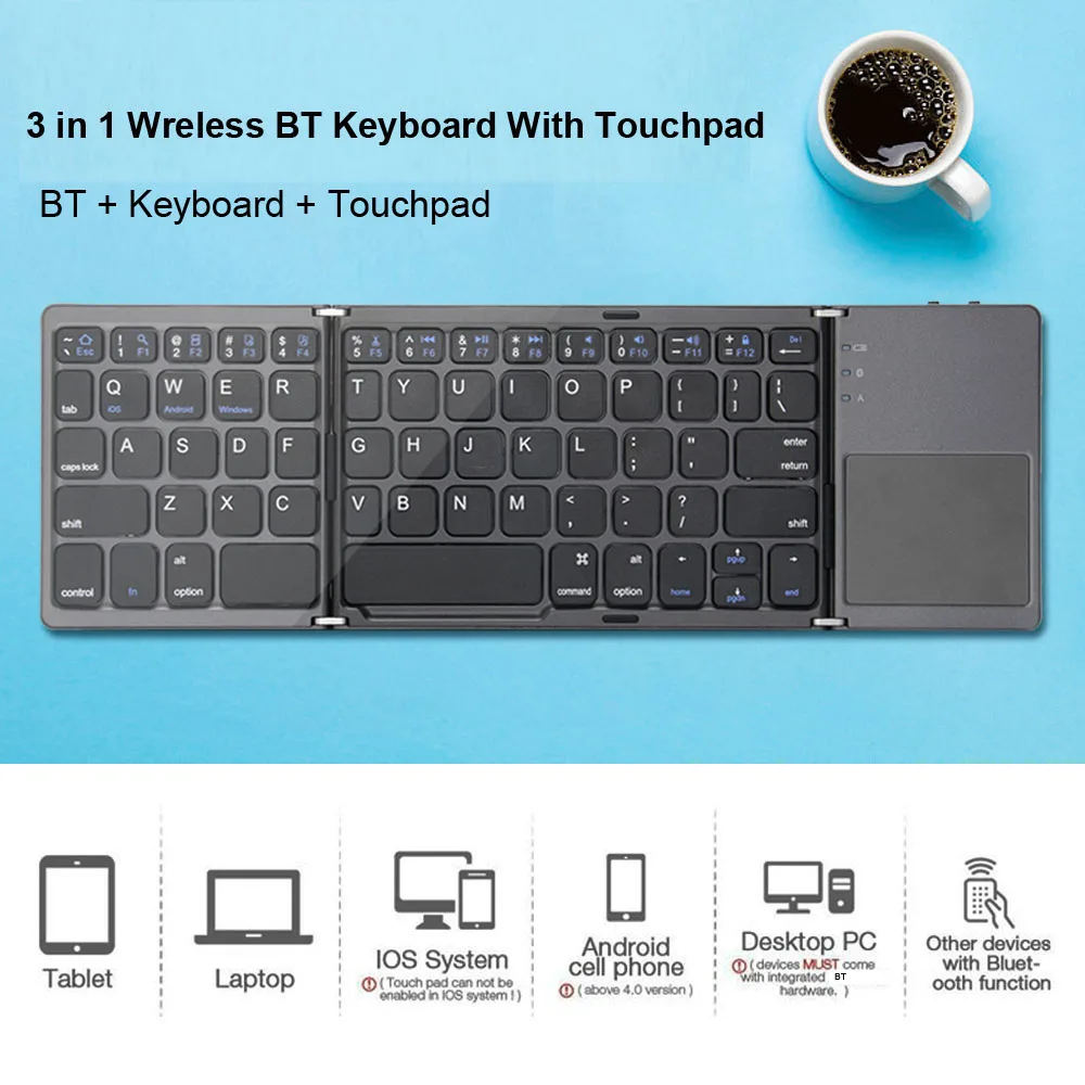 Recarregável, BT Touchpad, Teclado para IOS, Android, Windows, Tablet, iPad