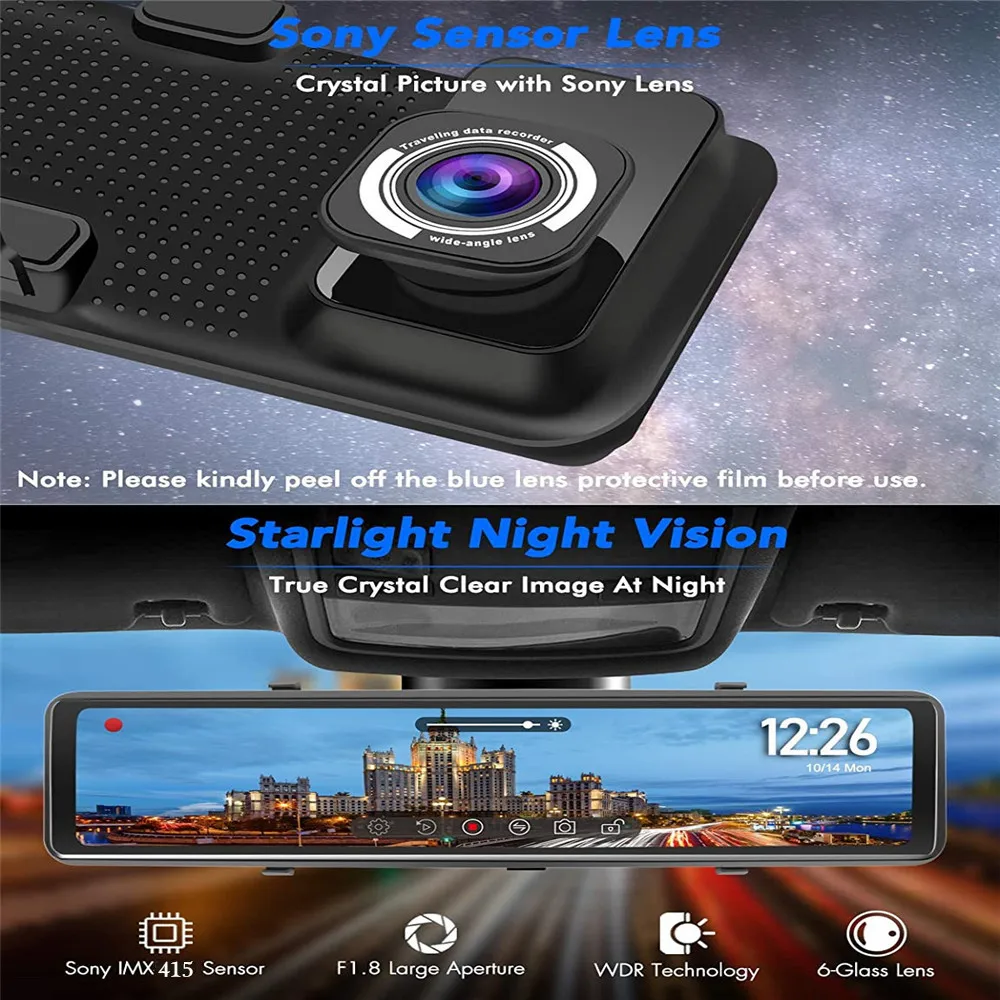 Faaodoen 12'' Rearview mirror Car dvr 4k 2160P Touch Screen dash cam Video Recorder With GPS Night vision Dash camera