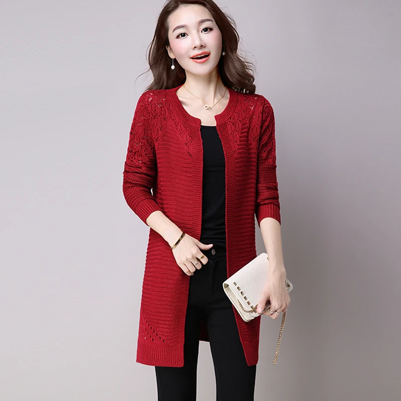 Spring Autumn Women Cardigan Solid Color Hollow Out Sweaters Size M-XXXL Poncho Full Sleeve Open Stitch Female Knitted Outerwear