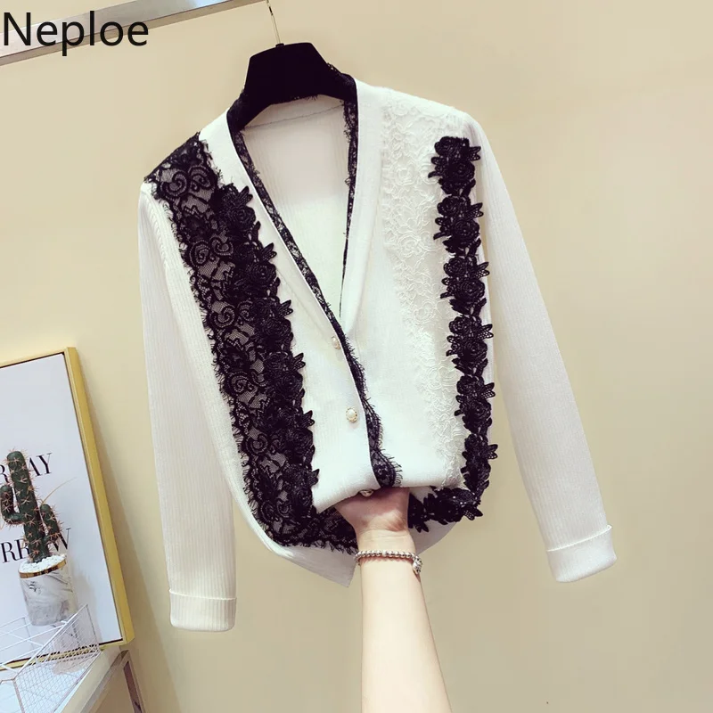 

Neploe 2019 New Knitted Cardigans for Women Lace Crochet Patchwork Sweaters Fashion Female Outwear V Neck White Black Tops Coat