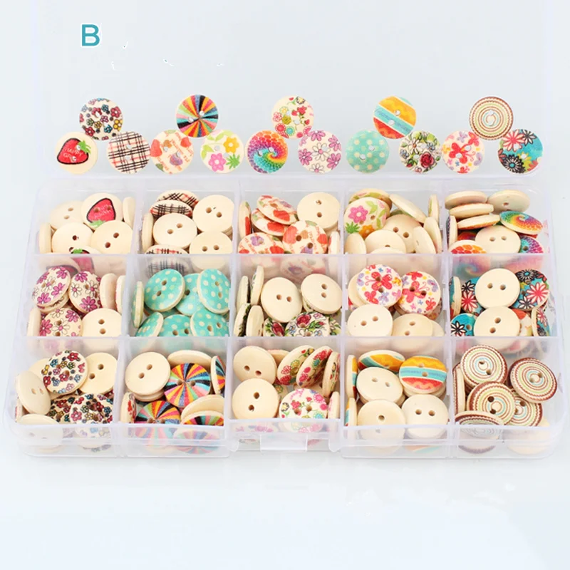 Cheap Big Discount!225pcs Print 2 Holes Wooden Buttons with storage box 15 style decorative buttons for clothing sewing accessories