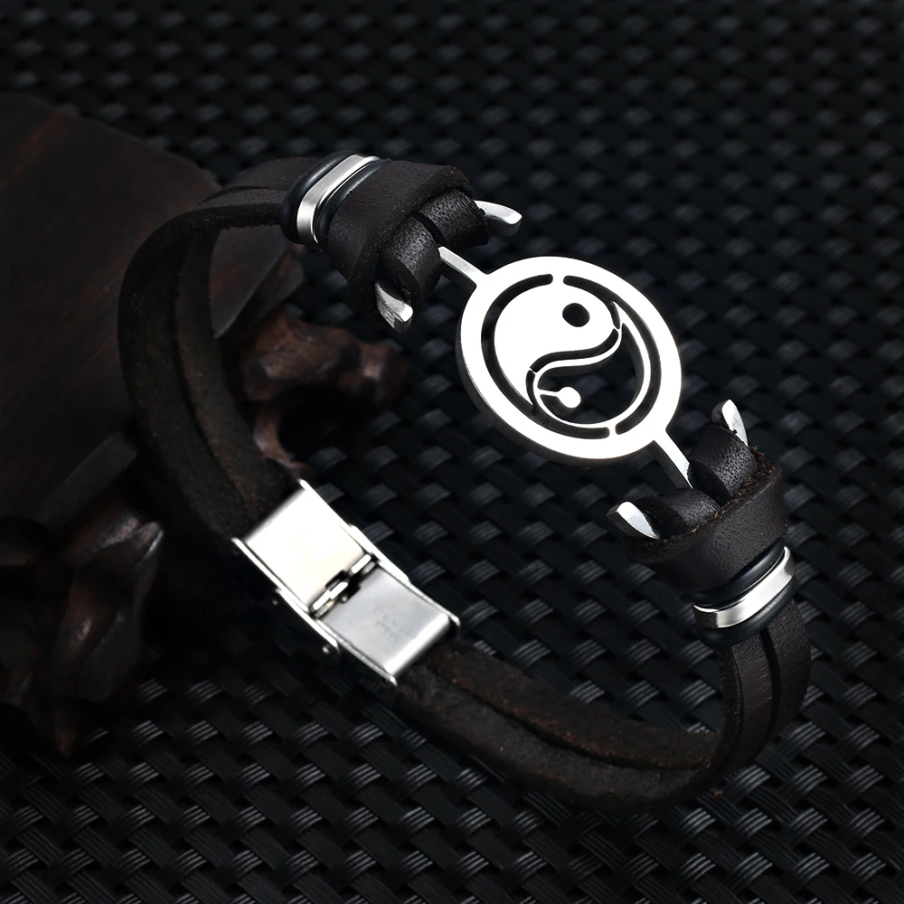 Bracelet Jewelry Trend Jewelry Stainless Steel Tai Chi Yin Yang Fish Leather Bracelet Double Cuff Men's Bracelet Pulsera Hombre