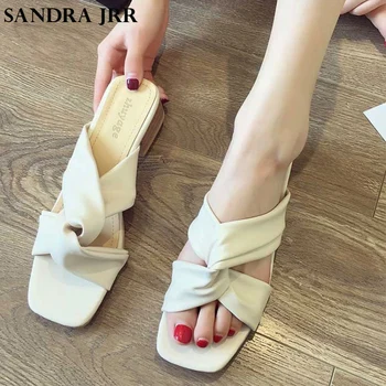 

SANDRA JRR Women Slippers Med Chunky Heel Open Toe Leather Sandals Summer Open Toe Slip On Casual Outside Pumps Heels Drags