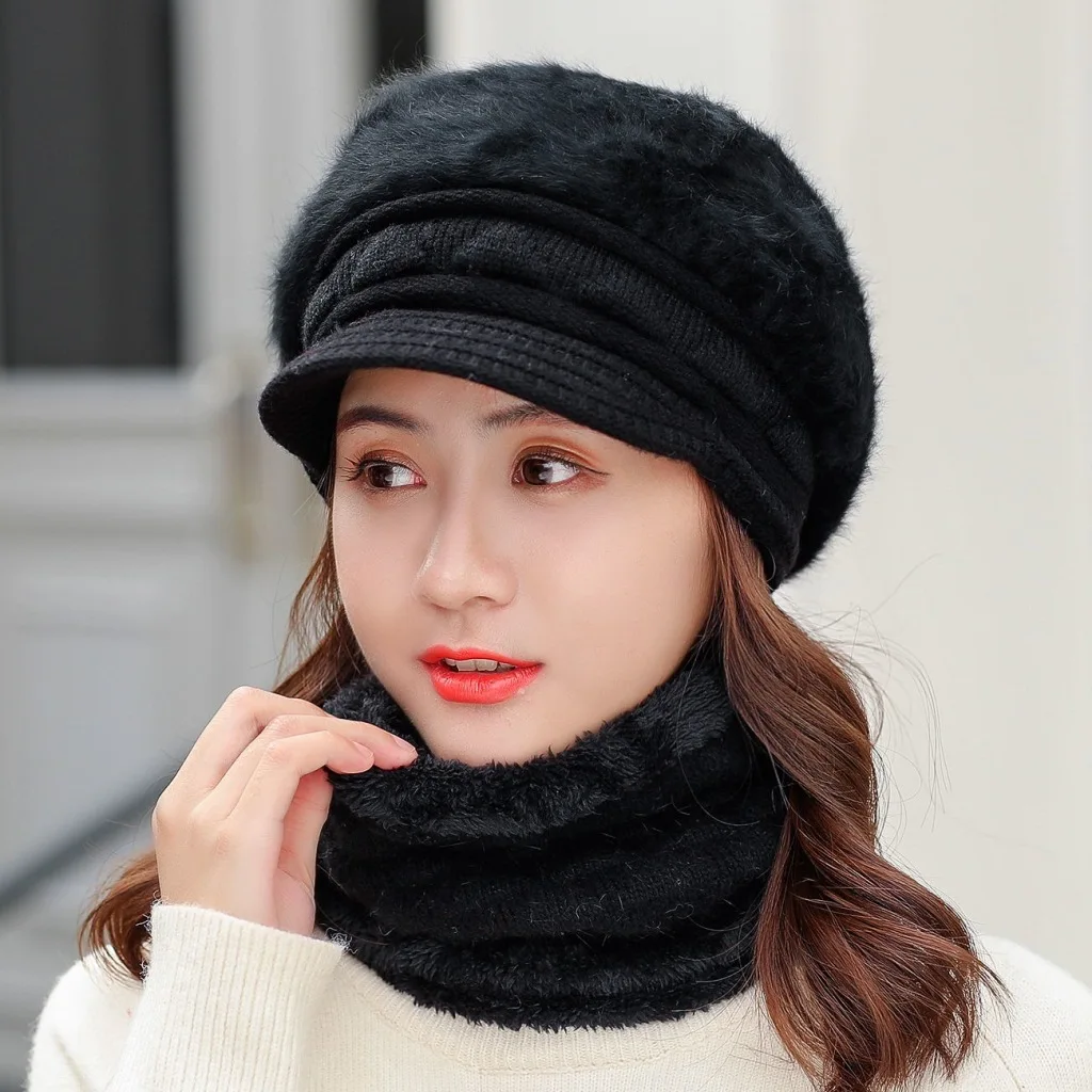 

Winter Rabbit Knitted Hat for women cap and Scarf Set mom Thick Wool Beanies Scarf Female Knitted Winter Accessories Girls Gift