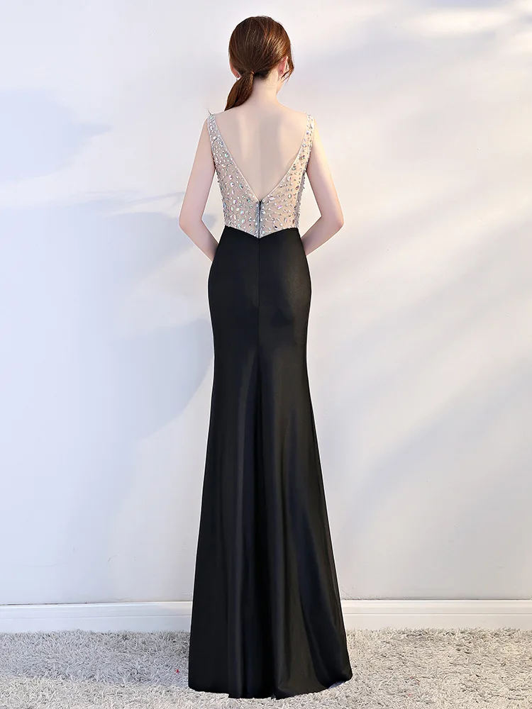 Sexy Black V-neck Beading Sleeveless Backless High Split Bodycon Long Dress Women Robe Femme Summer Party vestidos de festa