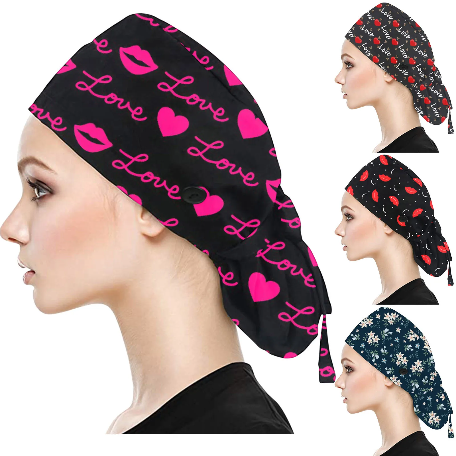 Рабочая шапка-скраб с кнопками розовая хлопковая шапка для медсестры сердечком