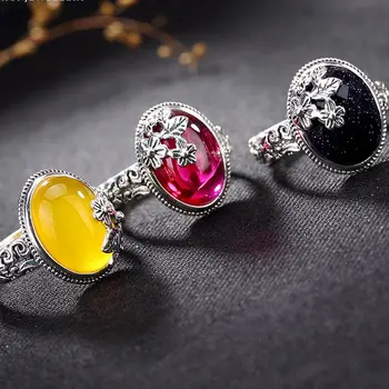 

Solid 925 Sterling Silver natural stone lapis ruby red Chalcedony ring S925 gemstone Red Corundum Rings Fine Jewelry for Women
