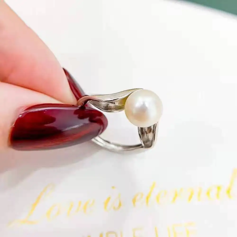 

RY Solid 925 Sterling Silver Round 8-9mm Nature Fresh Water Akoya White Pearls Rings for Women Fine Birthday Presents