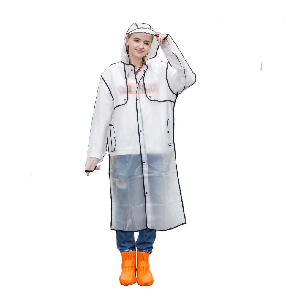 

Eco-Friendly adults EVA material long transparent raincoat with stylish black edging design easy to carry for outdoor travel